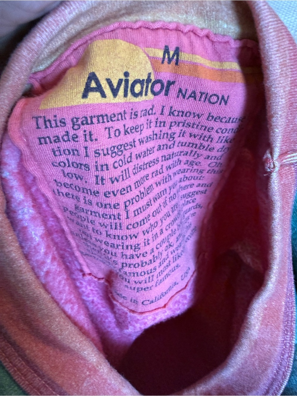 Aviator Nation Pink and Yellow Labeled Hoodie Interior - Picture 4 of 4